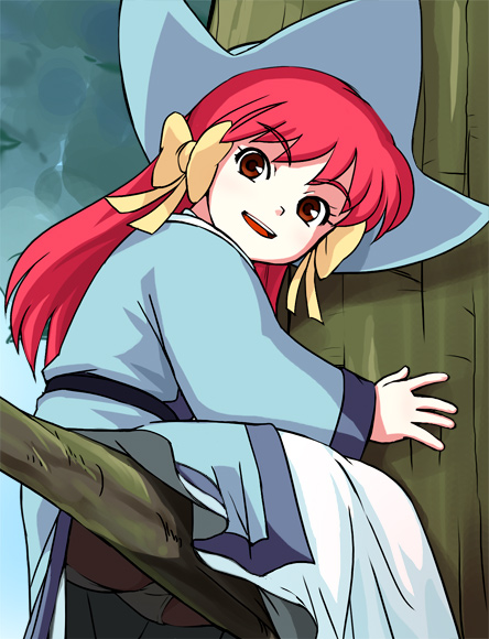 haruyama kazunori, famu, dragon league, 1990s (style), bow, long hair, panties, red hair, retro artstyle, solo, tree, underwear