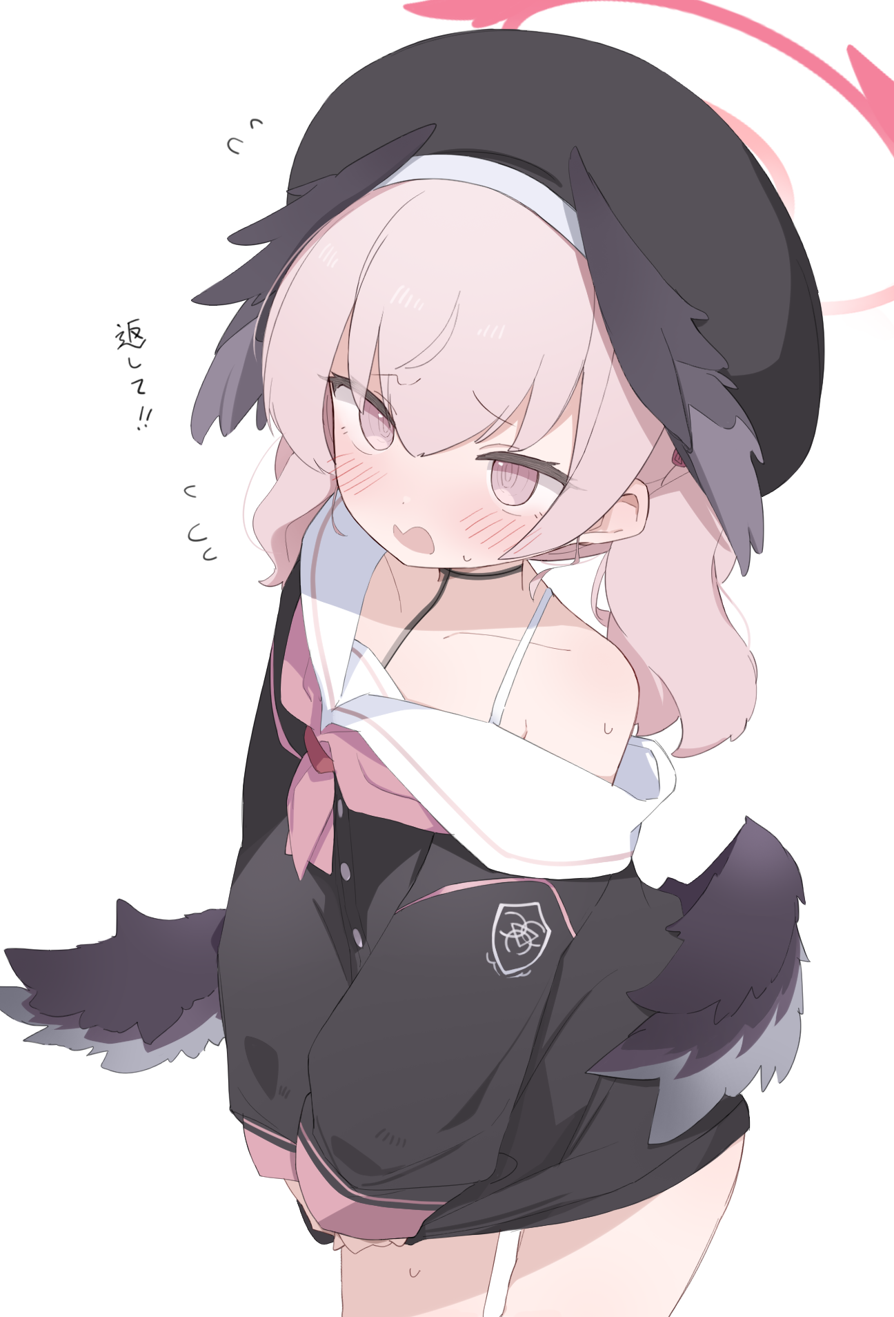 tntl nemui, koharu (blue archive), blue archive, commentary, highres, translated, 1girl, beret, black hat, black wings, blush, feathered wings, halo, hat, head wings, long hair, long sleeves, looking at viewer, low wings, neckerchief, open mouth, pink eyes, pink hair, pink neckerchief, sailor collar, shirt, sidelocks, simple background, single off shoulder, sleeves past wrists, solo, sweatdrop, twintails, white background, white sailor collar, wings