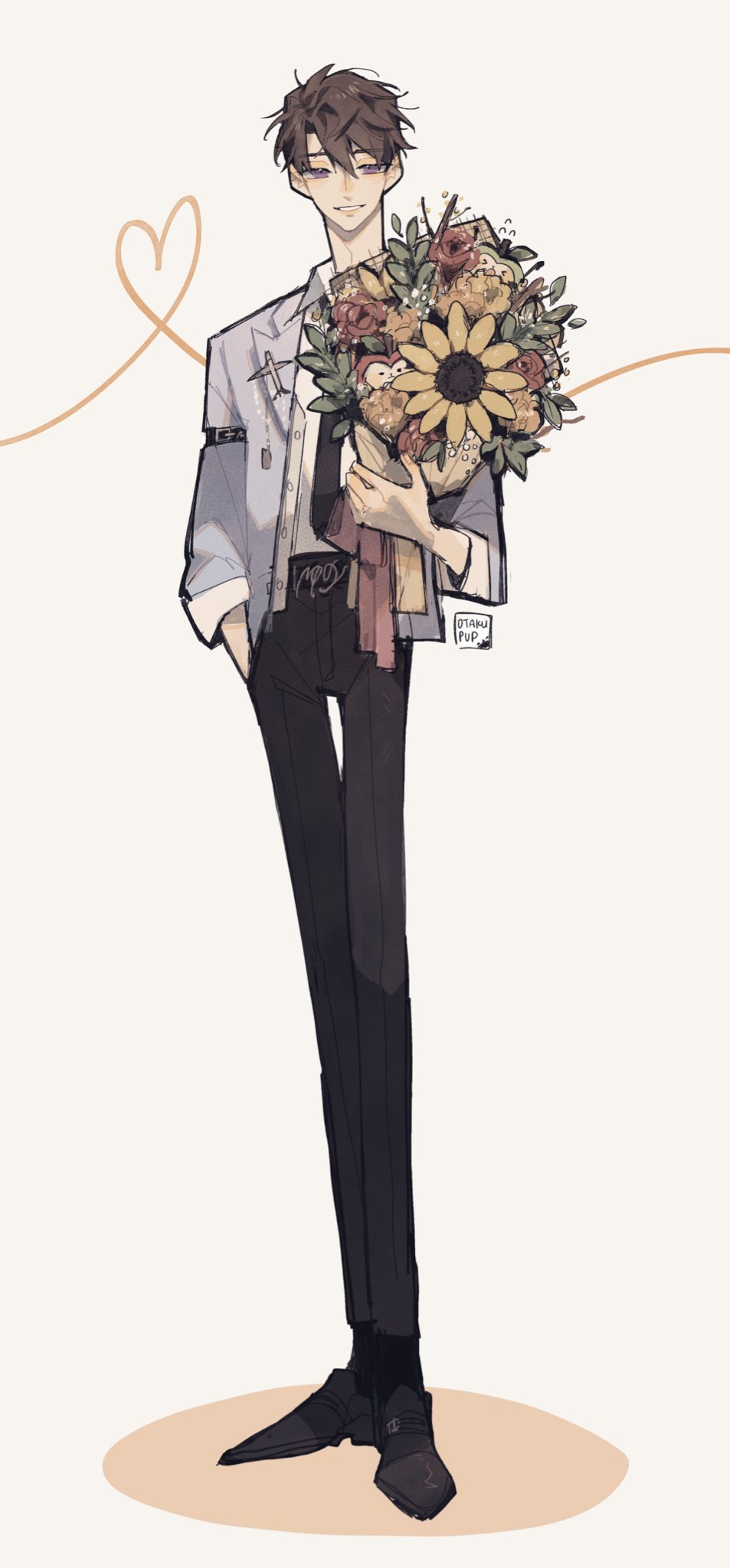 otakupup, caleb (love and deepspace), love and deepspace, highres, 1boy, airplane ornament, apple, artist name, black necktie, black pants, black shoes, black socks, bouquet, brown hair, collared shirt, flower, food, fruit, full body, grey jacket, hair between eyes, hand in pocket, holding, holding bouquet, jacket, looking at viewer, male focus, necktie, pants, parted lips, pink flower, purple eyes, shirt, shoes, short hair, sleeves rolled up, smile, socks, solo, stuffed apple, suit jacket, sunflower, white background, white shirt, yellow flower