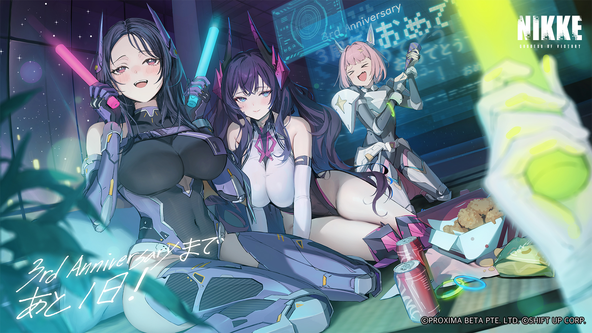 emyo, harran (nikke), isabel (nikke), noah (nikke), goddess of victory: nikke, highres, official art, second-party source, > <, 3girls, armor, armored boots, black bodysuit, blue eyes, bodysuit, boots, breasts, can, chicken (food), closed eyes, closed mouth, dress, drink can, food, fried chicken, gloves, glowstick, holding, holding glowstick, holographic interface, kneeling, large breasts, leotard, long hair, looking at viewer, medium hair, multiple girls, navel, night, night sky, open mouth, outdoors, pink hair, purple boots, purple eyes, purple gloves, purple hair, sitting, sky, smile, soda can, star (sky), starry sky, teeth, tongue, upper teeth only