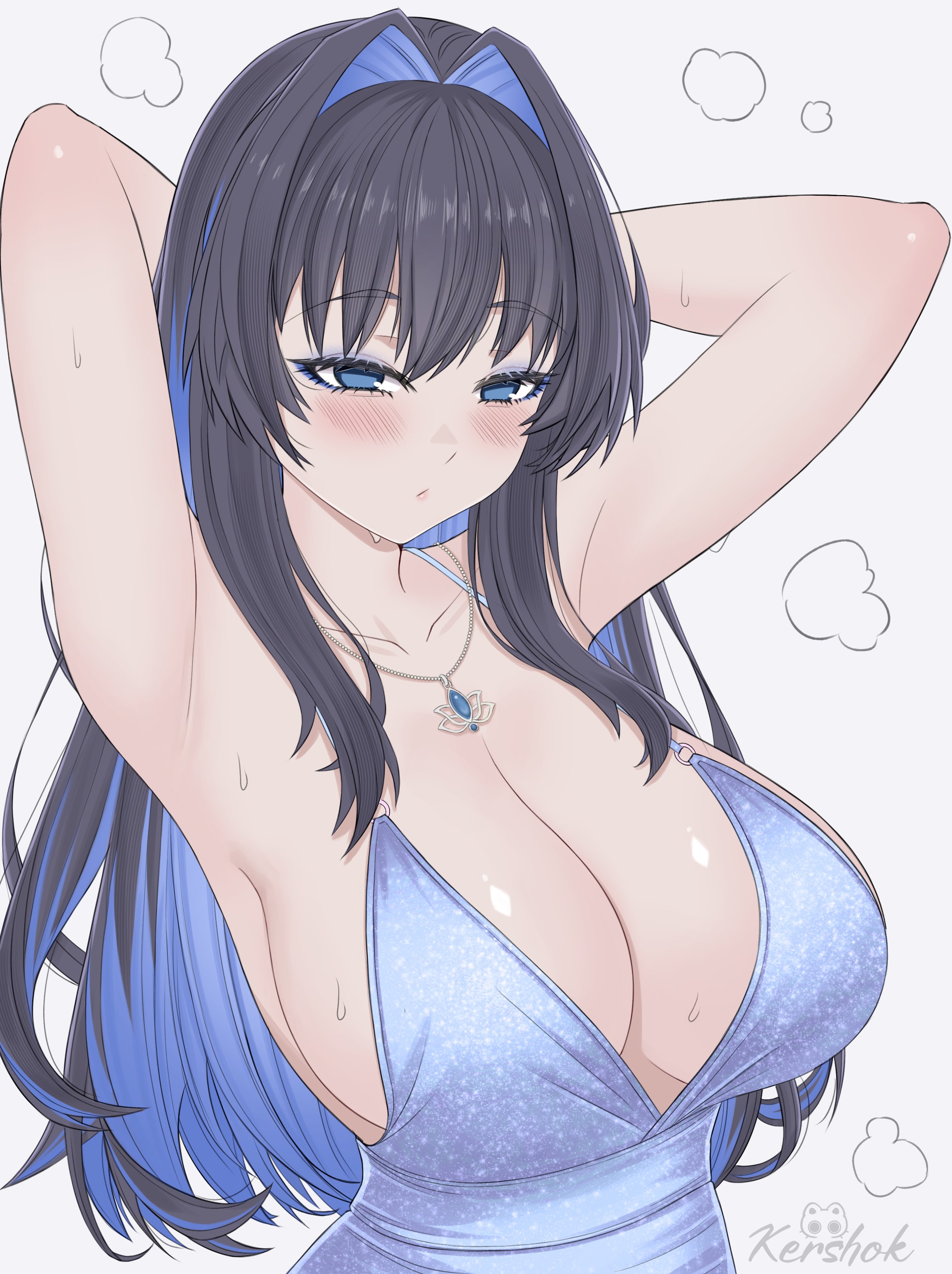 kershok, ouro kronii, hololive, hololive english, absurdres, highres, 1girl, alternate costume, armpits, arms up, black hair, blue dress, blue eyes, blue hair, blush, breasts, closed mouth, colored inner hair, dress, huge breasts, jewelry, multicolored hair, necklace, solo, sweat, virtual youtuber
