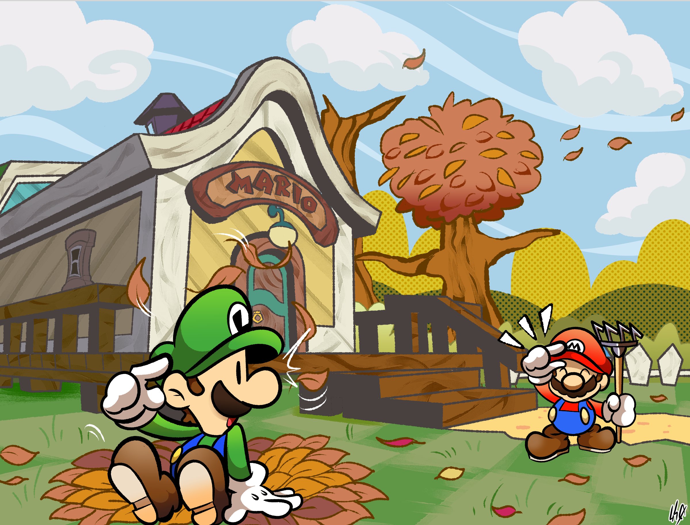 luigi, mario, mario (series), nintendo, paper mario, highres, 2boys, autumn leaves, blue overalls, blue sky, boots, brothers, brown boots, cloud, day, facial hair, gloves, grass, green hat, green shirt, hat, holding rake, house, leaf, looking at another, multiple boys, mustache, myron440, outdoors, overalls, rake, red hat, red shirt, shirt, siblings, sitting, sky, tree, white gloves
