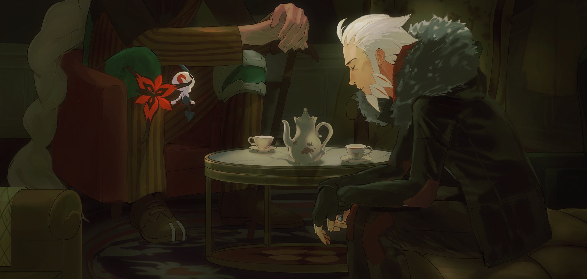cutegua, az (pokemon), floette, floette (eternal), l (pokemon), nintendo, pokemon, pokemon legends: z-a, commentary request, highres, spoilers, 2boys, armchair, beard, black gloves, black jacket, black pants, brown shoes, cane, chair, closed eyes, cup, facial hair, fingerless gloves, fingernails, floating, flower, fur-trimmed jacket, fur trim, gen 6 pokemon, gloves, holding, holding cane, holding flower, holding jewelry, holding ring, indoors, jacket, jewelry, long hair, long sleeves, male focus, mega ring, mega stone, multiple boys, pants, plate, red flower, ring, shoes, short hair, sitting, striped clothes, table, teacup, teapot, unworn ring, vertical-striped clothes, very long hair, white hair