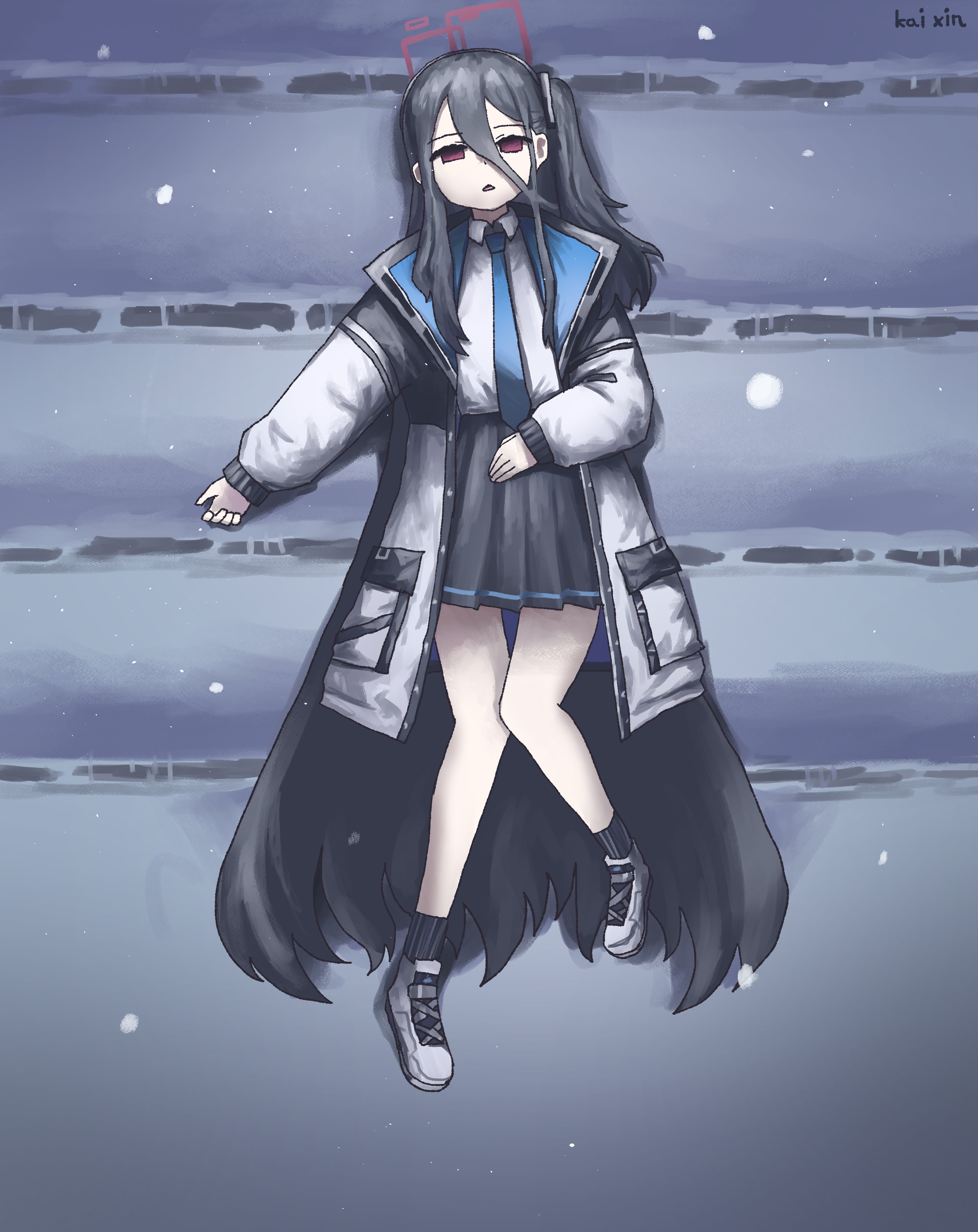kai xin, kei (blue archive), blade runner (series), blade runner 2049, blue archive, absurdres, commentary, highres, symbol-only commentary, 1girl, absurdly long hair, artist name, black hair, black skirt, blue necktie, collared shirt, empty eyes, expressionless, full body, goslingposting (meme), hair between eyes, halo, jacket, long bangs, long hair, lying, meme, miniskirt, necktie, on back, on stairs, open clothes, open jacket, parody, parted lips, rectangular halo, red eyes, red halo, scene reference, school uniform, shirt, shirt tucked in, shoes, skirt, snowing, solo, the masculine urge to slowly bleed out here (meme), very long hair, white jacket, white shirt, white shoes