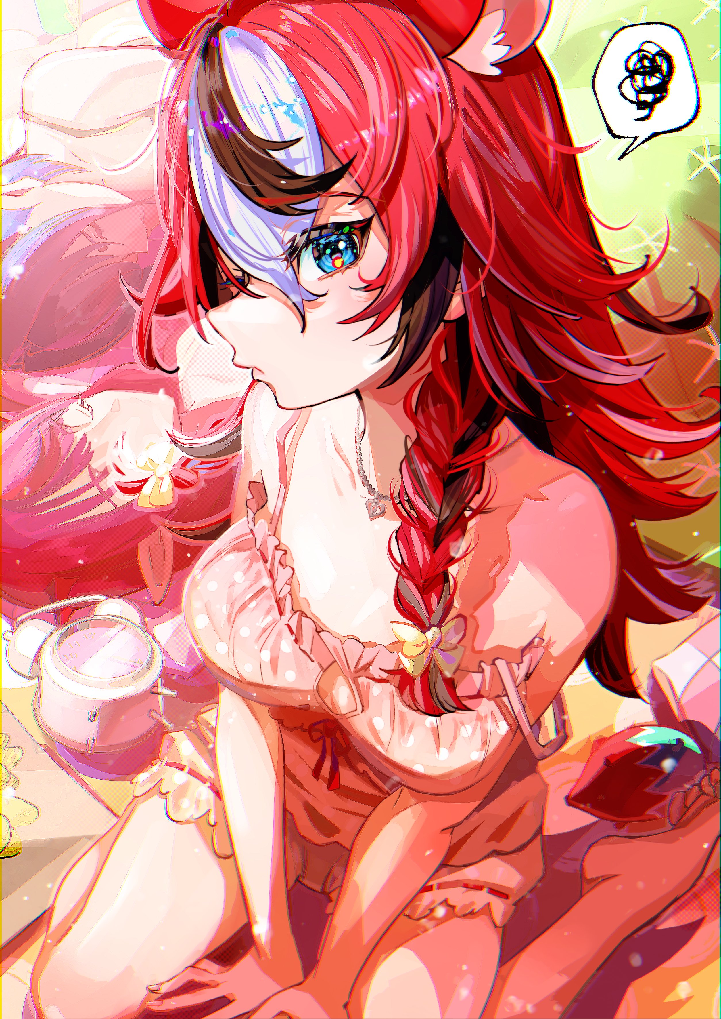 iris (tb33064667), hakos baelz, hakos baelz (strawberry onesie), irys (hololive), mr. squeaks (hakos baelz), ouro kronii, hololive, hololive english, holopromise, absurdres, highres, 3girls, black hair, blue eyes, blue hair, bra, braid, breasts, clock, closed eyes, closed mouth, feet, long hair, medium breasts, multicolored hair, multiple girls, official alternate costume, official alternate hairstyle, pink bra, pink hair, red hair, sitting, speech bubble, spoken squiggle, squiggle, streaked hair, underwear, virtual youtuber, wariza, white hair