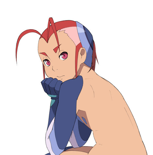 go robots, capella titis, tetsuwan birdy, tetsuwan birdy decode, 00s, 1girl, antenna hair, blue gloves, elbow gloves, expressionless, female focus, from behind, gloves, looking at viewer, looking back, nude, red eyes, red hair, short hair, simple background, solo, white background