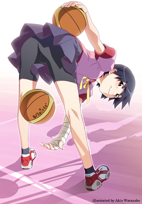 watanabe akio, kanbaru suruga, bakemonogatari, monogatari (series), official art, 00s, 1girl, ass, ball, basketball, basketball (object), bent over, bike shorts, blue hair, female focus, kneepits, ribbon, school uniform, shoes, short hair, sneakers, solo, tomboy