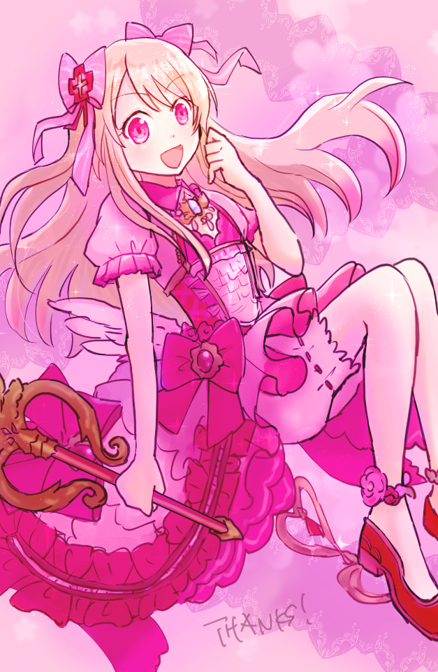 chaos marie (grimms notes), grimms notes, 1girl, blonde hair, bloomers, hand up, holding, holding wand, long hair, noble heart (grimms notes), open mouth, pink eyes, red shoes, shoes, smile, solo, underwear, ununk, wand