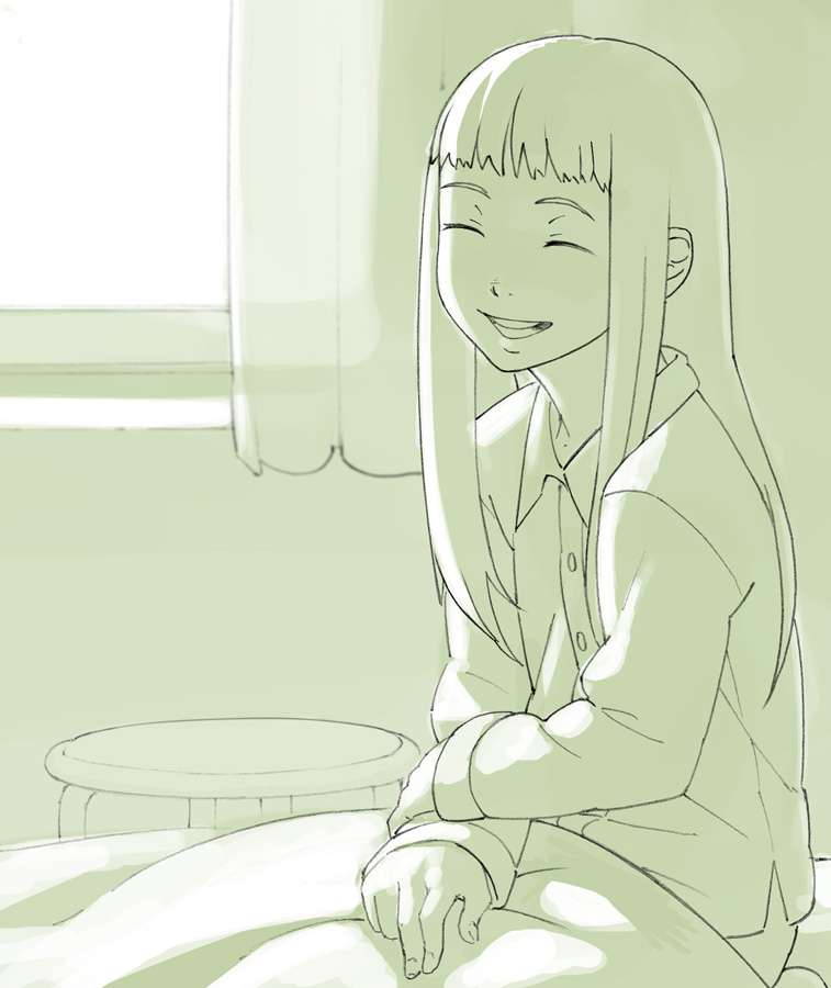 go robots, toudou kana, kana imouto, 1girl, ^ ^, bed, closed eyes, female focus, green theme, hospital, monochrome, pajamas, smile, solo, window