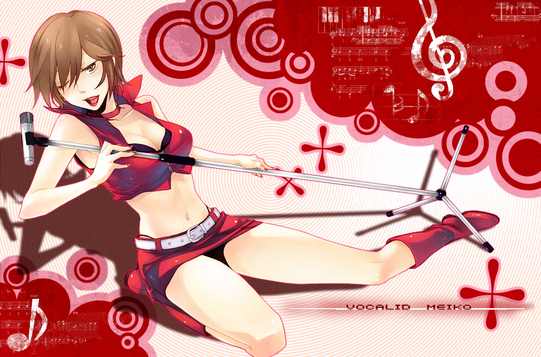 sunday31, meiko (vocaloid), vocaloid, 1girl, belt, boots, breasts, brown hair, cleavage, female focus, large breasts, microphone, midriff, navel, one eye closed, short hair, smile, solo, wink
