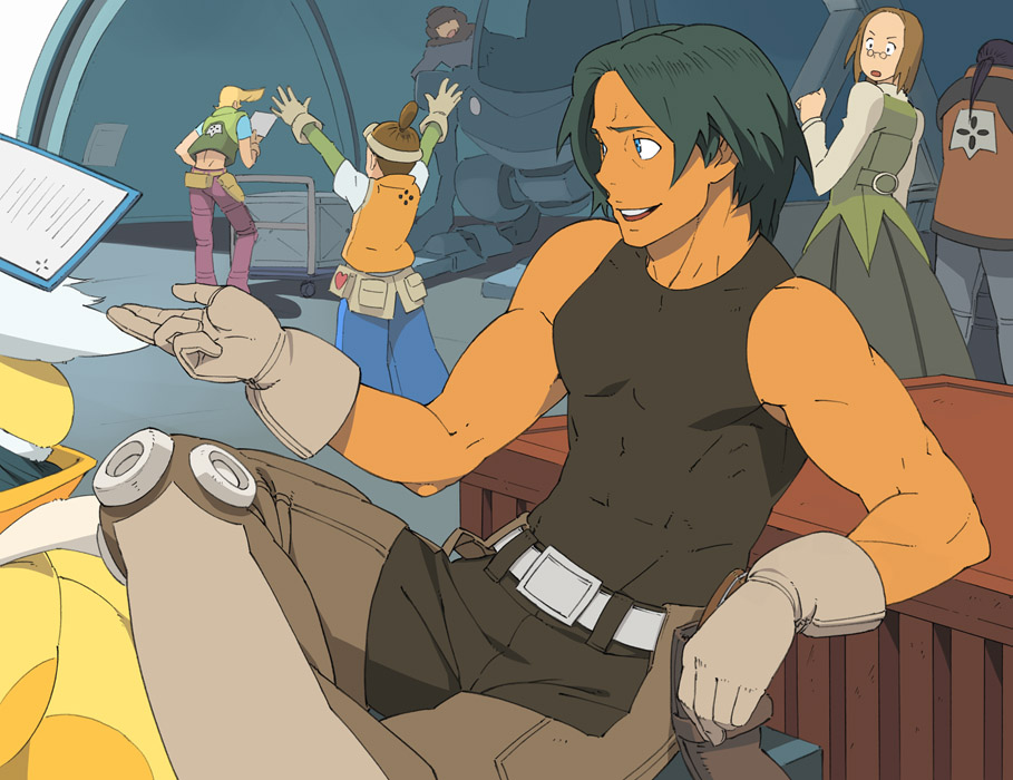 go robots, cona madaya, gain bijou, lioubov smettana, overman king gainer, looking away, tablet, 00s, 2boys, 2girls, arms up, belt, black hair, blue eyes, blue pants, brown hair, cart, crate, cropped vest, crossed legs, glasses, gloves, hat, heart, high ponytail, indoors, jacket, layered sleeves, long skirt, long sleeves, looking at another, looking back, mecha, multiple boys, multiple girls, muscular, open mouth, outstretched arms, pants, ponytail, profile, robot, short over long sleeves, short ponytail, short sleeves, sitting, skirt, sleeveless, smile, spread arms, tan, utility belt, vest