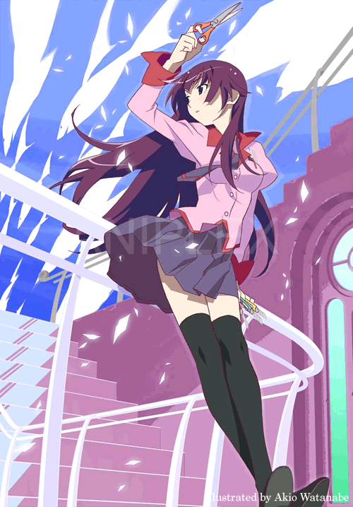 watanabe akio, senjougahara hitagi, bakemonogatari, monogatari (series), official art, 00s, 1girl, female focus, long hair, purple hair, school uniform, scissors, solo, stationery, thighhighs, watermark