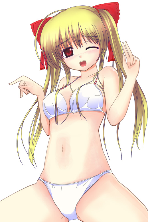 sawaramo, bad id, bad pixiv id, bikini, blonde hair, hair ribbon, one eye closed, red eyes, ribbon, smile, solo, swimsuit, twintails, v, white bikini, wink