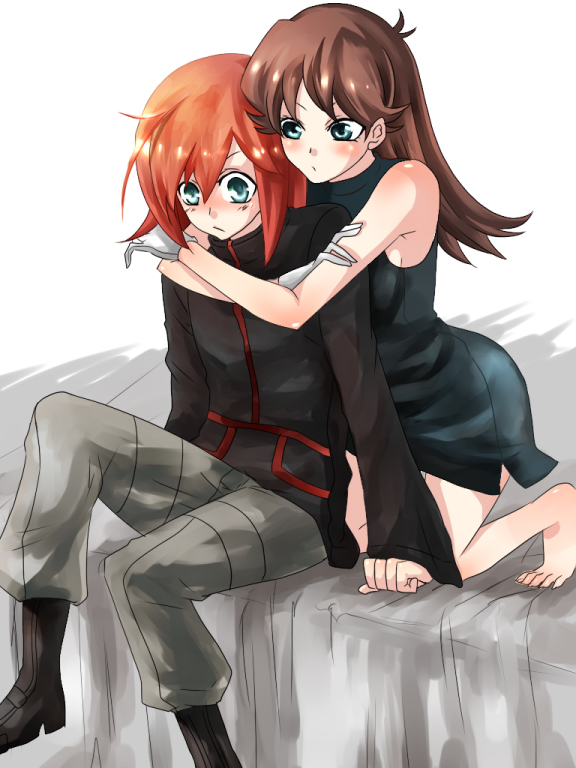 hinase kei, green (pokemon), silver (pokemon), nintendo, pokemon, pokemon adventures, bad id, bad pixiv id, 1boy, 1girl, barefoot, bed, bed sheet, black dress, blue eyes, blush, brown hair, couple, dress, hetero, hug, hug from behind, orange hair