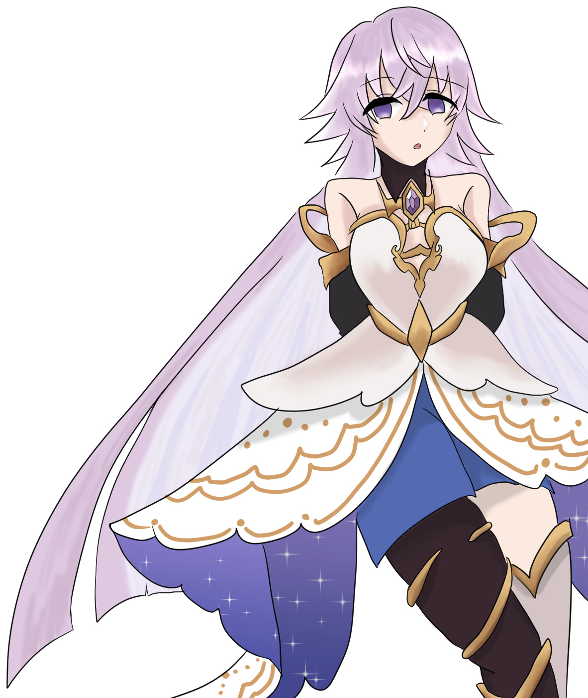 magic mirror (grimms notes), grimms notes, artist request, highres, source request, 1girl, artistic error, bare shoulders, blue skirt, breasts, empty eyes, long hair, looking at viewer, purple hair, simple background, skirt, solo, very long hair, white background