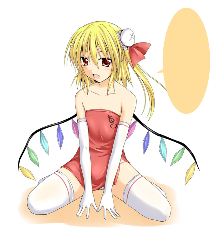 kirisaki byakko, flandre scarlet, touhou, 1girl, blank speech bubble, bun cover, elbow gloves, female focus, full body, gloves, hair between eyes, hair bun, panties, single hair bun, sitting, solo, speech bubble, spread legs, thighhighs, thought bubble, underwear, white background, white thighhighs