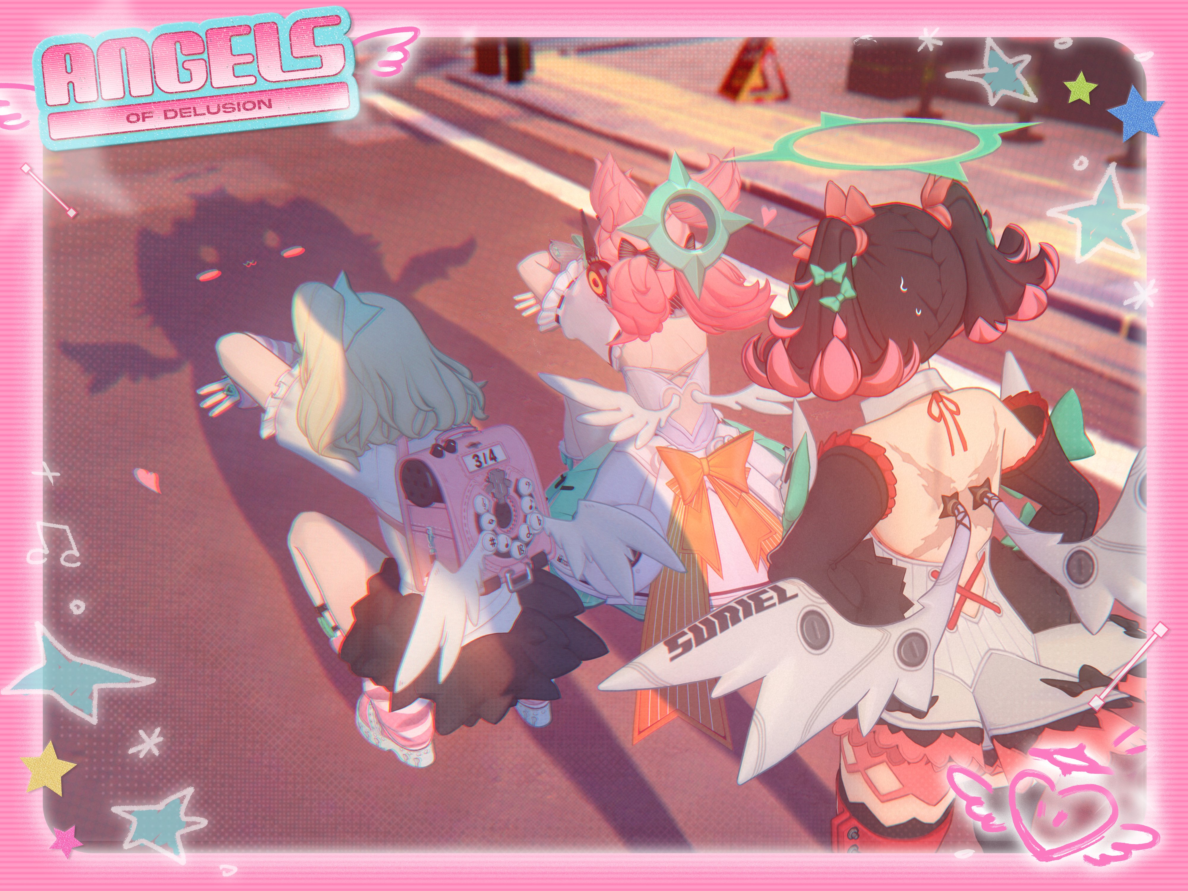 chinatsu remiel, rokudu sariel, yutane johiel, zenless zone zero, absurdres, commentary, english commentary, highres, official art, 3d, 3girls, back, backpack, bag, black hair, blonde hair, bow, cat shadow puppet (meme), chromatic aberration, from behind, hair bow, halo, hands on own hips, idol clothes, loose socks, mechanical wings, meme, multicolored hair, multiple girls, musical note, pink hair, quad tails, randoseru, scar, scar on back, side ponytail, socks, squatting, star (symbol), striped clothes, striped socks, sweat, twintails, two-tone hair, wings