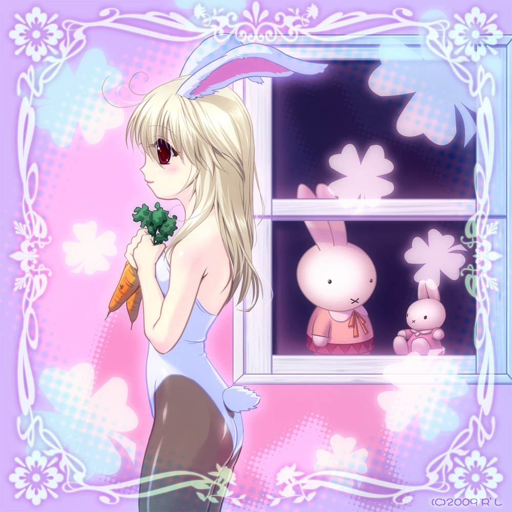 r'l, animal ears, blonde hair, carrot, fake animal ears, pantyhose, playboy bunny, profile, rabbit, rabbit ears, red eyes, solo, window
