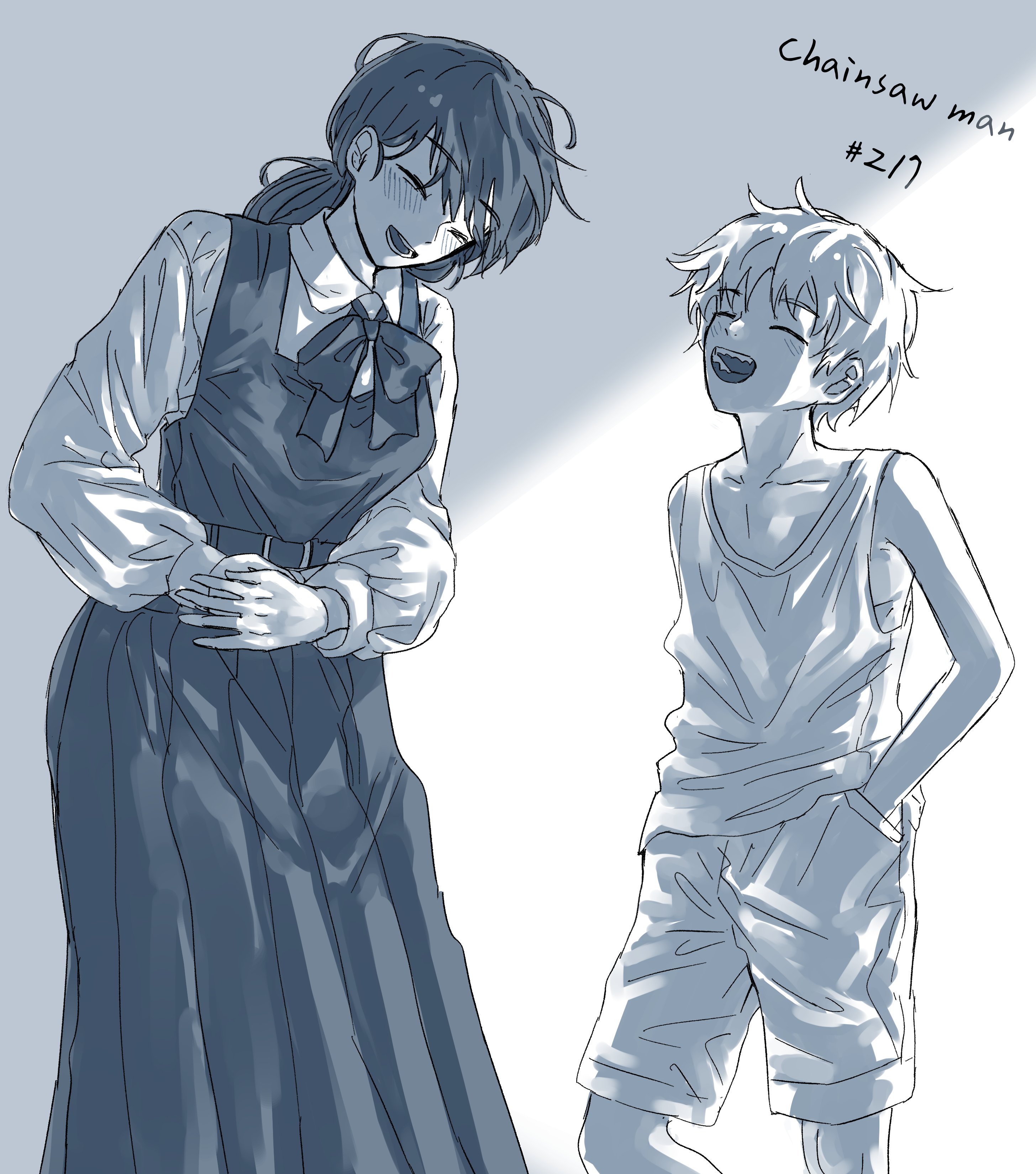 eananaia, denji (chainsaw man), mitaka asa, chainsaw man, absurdres, highres, 1boy, 1girl, aged down, dress, fourth east high school uniform, laughing, long hair, long sleeves, monochrome, pinafore dress, school uniform, short hair, shorts, sleeveless, sleeveless dress, tank top