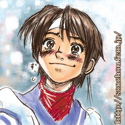 kasugano sakura, capcom, street fighter, lowres, 1girl, blue sailor collar, blush, brown eyes, brown hair, female focus, headband, sailor collar, short hair, smile, snot, solo