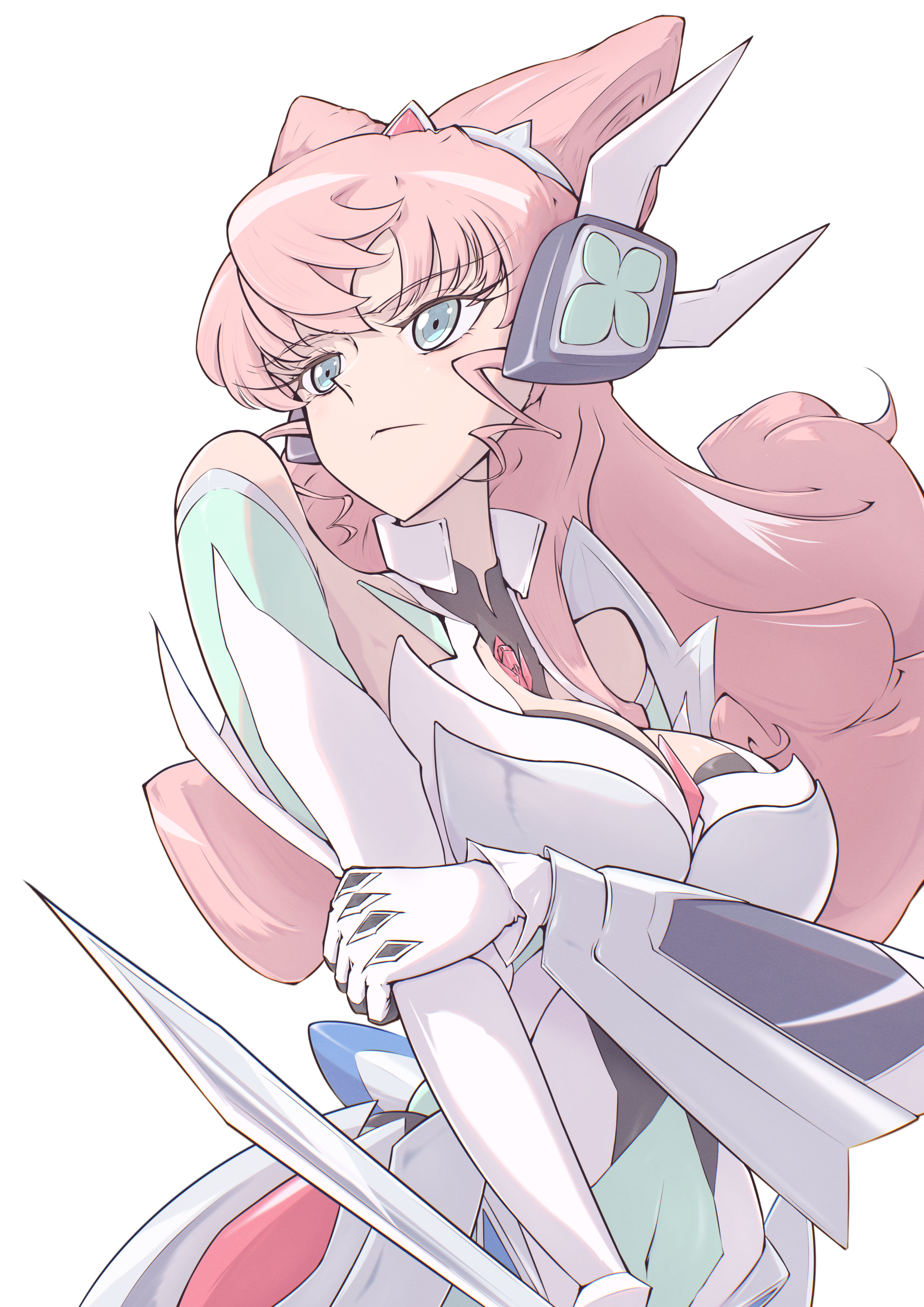 nullmiya, maria cadenzavna eve, senki zesshou symphogear, absurdres, highres, 1girl, armor, breasts, cleavage, gloves, green eyes, hair between eyes, headgear, large breasts, long hair, pink hair, power armor, power suit, simple background, solo, undersuit, very long hair