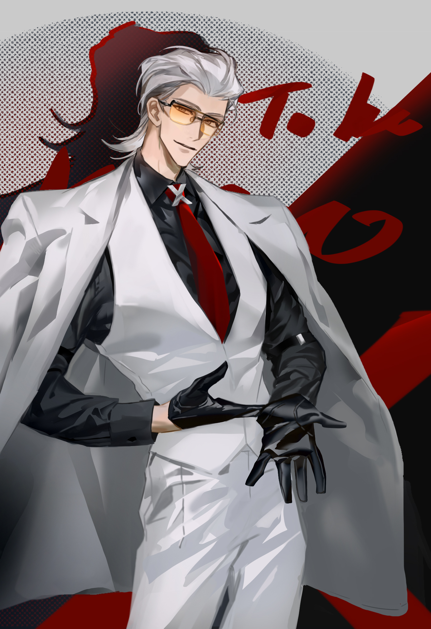 x (to be hero x), to be hero, to be hero x, highres, 1boy, black gloves, black shirt, collared shirt, cowboy shot, formal clothes, glasses, gloves, grey background, hair slicked back, jacket, jacket on shoulders, light smile, male focus, misctaost, necktie, pants, red necktie, shirt, solo, suit, suit jacket, vest, waistcoat, white hair, white jacket, white pants, white suit, white vest, x ornament