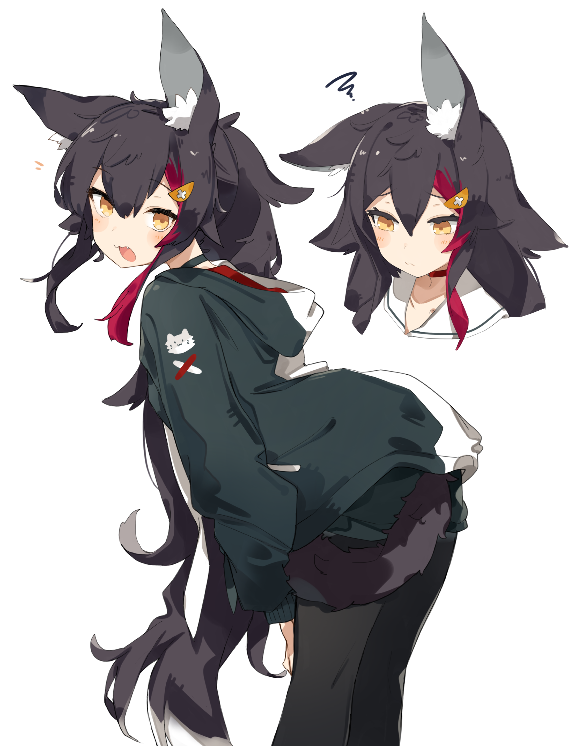 tntl nemui, ookami mio, ookami mio (hoodie), hololive, absurdres, commentary, highres, symbol-only commentary, 1girl, ahoge, animal ear fluff, animal ears, asymmetrical shirt, black hair, black hoodie, black tail, crossed bangs, double-parted bangs, extra ears, feet out of frame, hair between eyes, hair ornament, head only, hood, hoodie, long hair, long sleeves, looking at viewer, multicolored hair, multiple views, official alternate costume, open mouth, ponytail, red hair, sidelocks, simple background, streaked hair, tail, tail around own leg, tail wrap, two-tone hoodie, virtual youtuber, white background, white hoodie, wolf ears, wolf girl, wolf tail, yellow eyes