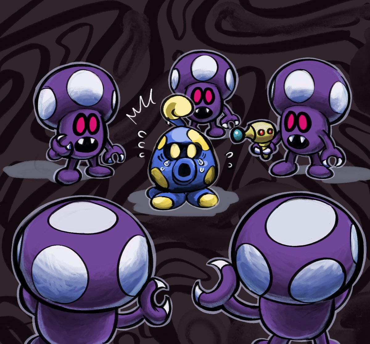 yamari (ya mari 6363), octoomba, shroob, mario & luigi: partners in time, mario & luigi rpg, mario (series), nintendo, super mario galaxy, abstract background, black sclera, claws, colored sclera, energy gun, fangs, holding, holding ray gun, open mouth, pink eyes, ray gun, sweat, weapon, yellow eyes