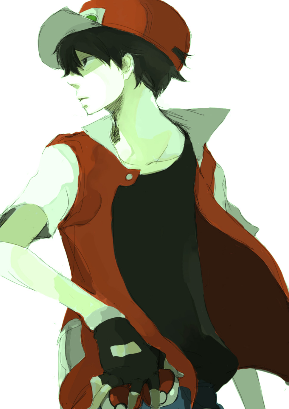 mydecember, tsu da, pixiv red, red (pokemon), nintendo, pokemon, highres, 1boy, baseball cap, black hair, fingerless gloves, gloves, hat, holding, holding poke ball, male focus, poke ball, poke ball (basic), short hair, simple background, solo, trucker hat, vest, white background