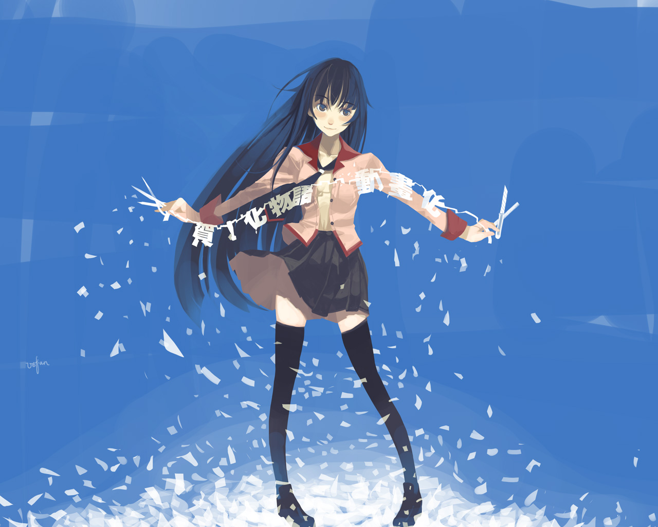 vofan, senjougahara hitagi, bakemonogatari, monogatari (series), 00s, 1girl, blue eyes, blue hair, blush, female focus, long hair, matching hair/eyes, open clothes, open shirt, paper chain, school uniform, scissors, shirt, solo, stationery, thighhighs, wind, zettai ryouiki