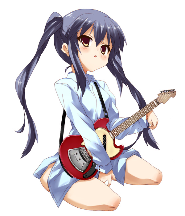 hama chon, nakano azusa, k-on!, 00s, 1girl, blue hair, brown eyes, dress shirt, female focus, full body, guitar, instrument, long hair, shirt, simple background, solo, white background