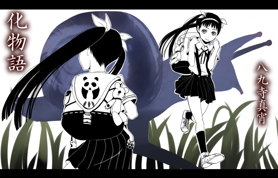hachikuji mayoi, bakemonogatari, monogatari (series), 00s, 1girl, backpack, bag, female focus, hair ribbon, monochrome, randoseru, ribbon, running, skirt, solo, twintails