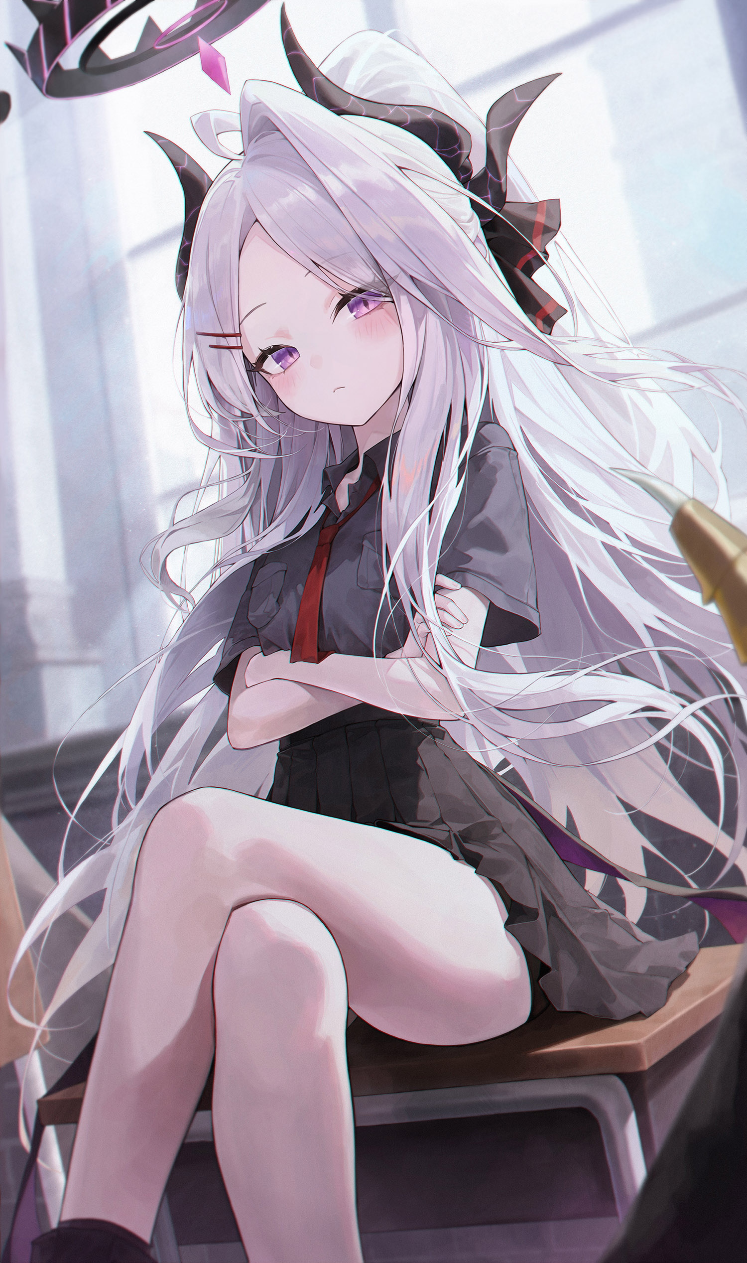 meoyo, gehenna student (blue archive), hina (blue archive), blue archive, absurdres, commentary, highres, 1girl, ahoge, black shirt, black skirt, blush, closed mouth, crossed arms, crossed legs, demon girl, demon horns, desk, feet out of frame, hair ornament, hairclip, halo, horns, indoors, long hair, looking at viewer, multiple horns, necktie, on desk, parted bangs, pleated skirt, purple eyes, red necktie, school desk, shirt, short sleeves, sitting, skirt, solo, very long hair, white hair, window