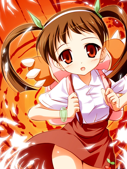 hachikuji mayoi, bakemonogatari, monogatari (series), 00s, 1girl, backpack, bag, brown hair, female focus, hair ribbon, hairband, randoseru, red eyes, ribbon, solo, twintails