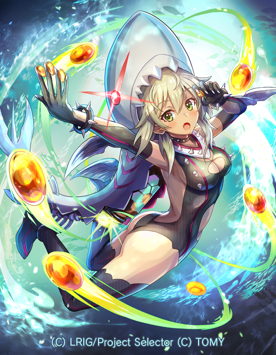 hokuyuu, wixoss, official art, 1girl, animal hood, ass, black gloves, black leotard, black thighhighs, blonde hair, breasts, cleavage, cleavage cutout, clothing cutout, copyright notice, elbow gloves, gloves, hood, leotard, looking at viewer, medium hair, open mouth, samekanyu (wixoss), shark girl, shark hood, solo, thighhighs, water, yellow eyes