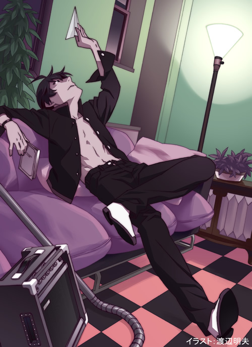 watanabe akio, araragi koyomi, bakemonogatari, monogatari (series), official art, 00s, 1boy, abs, bedroom, holding, holding paper airplane, lamp, male focus, open clothes, open shirt, paper airplane, shirt, shoes, short hair, solo, white shoes