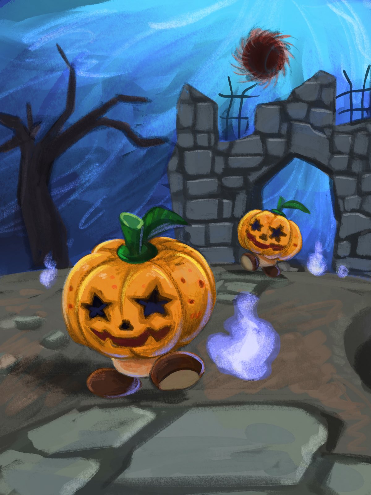 yamari (ya mari 6363), jack o'goomba, mario (series), nintendo, super mario galaxy, highres, bare tree, black hole, hitodama, outdoors, pumpkin, ruins, tree