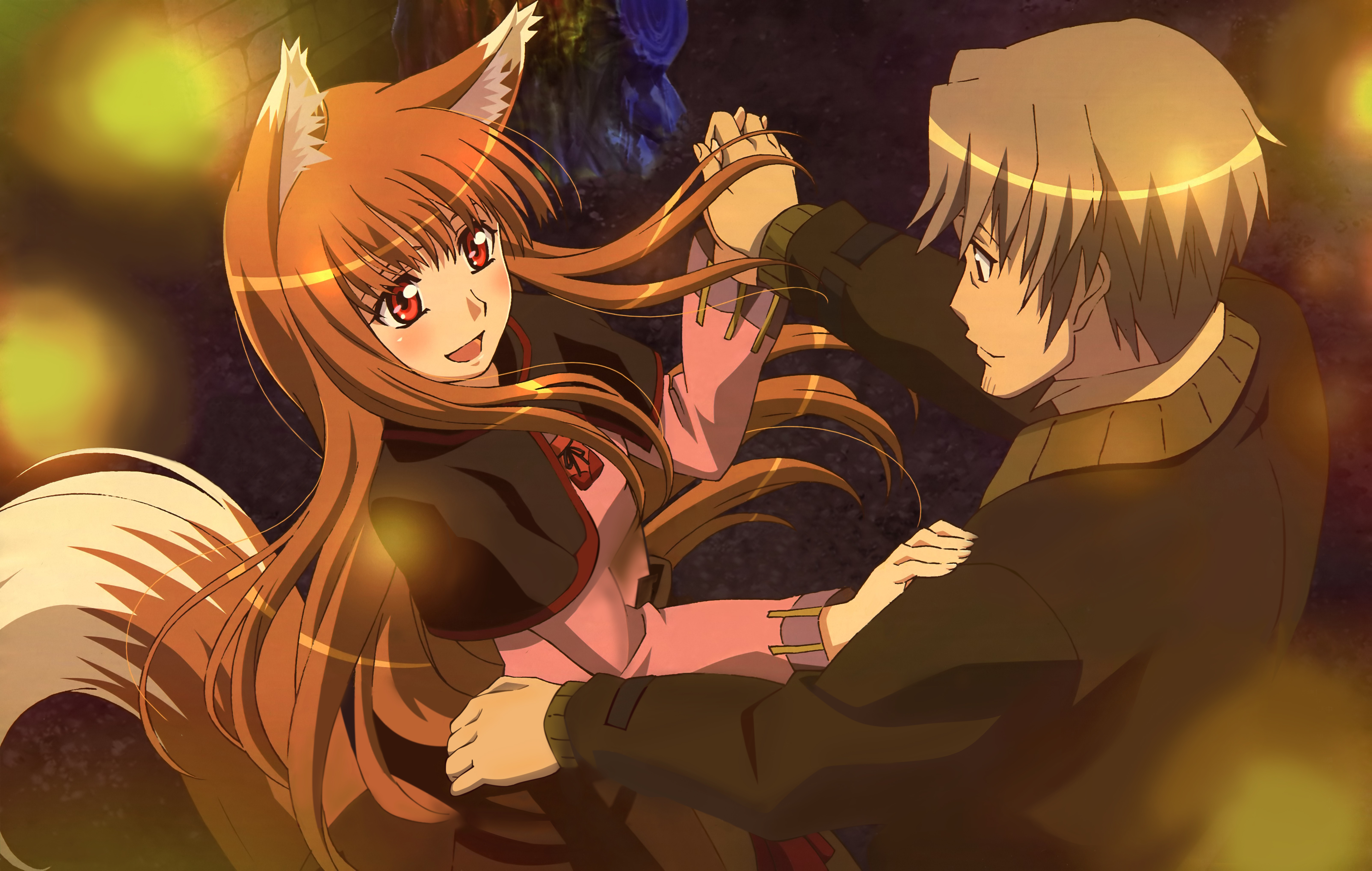 arakawa megumi, craft lawrence, holo, spice and wolf, silver hair, absurdres, detexted, highres, non-web source, third-party edit, 00s, animal ears, blush, dancing, long hair, orange hair, red eyes, tail, very long hair, wolf ears, wolf tail