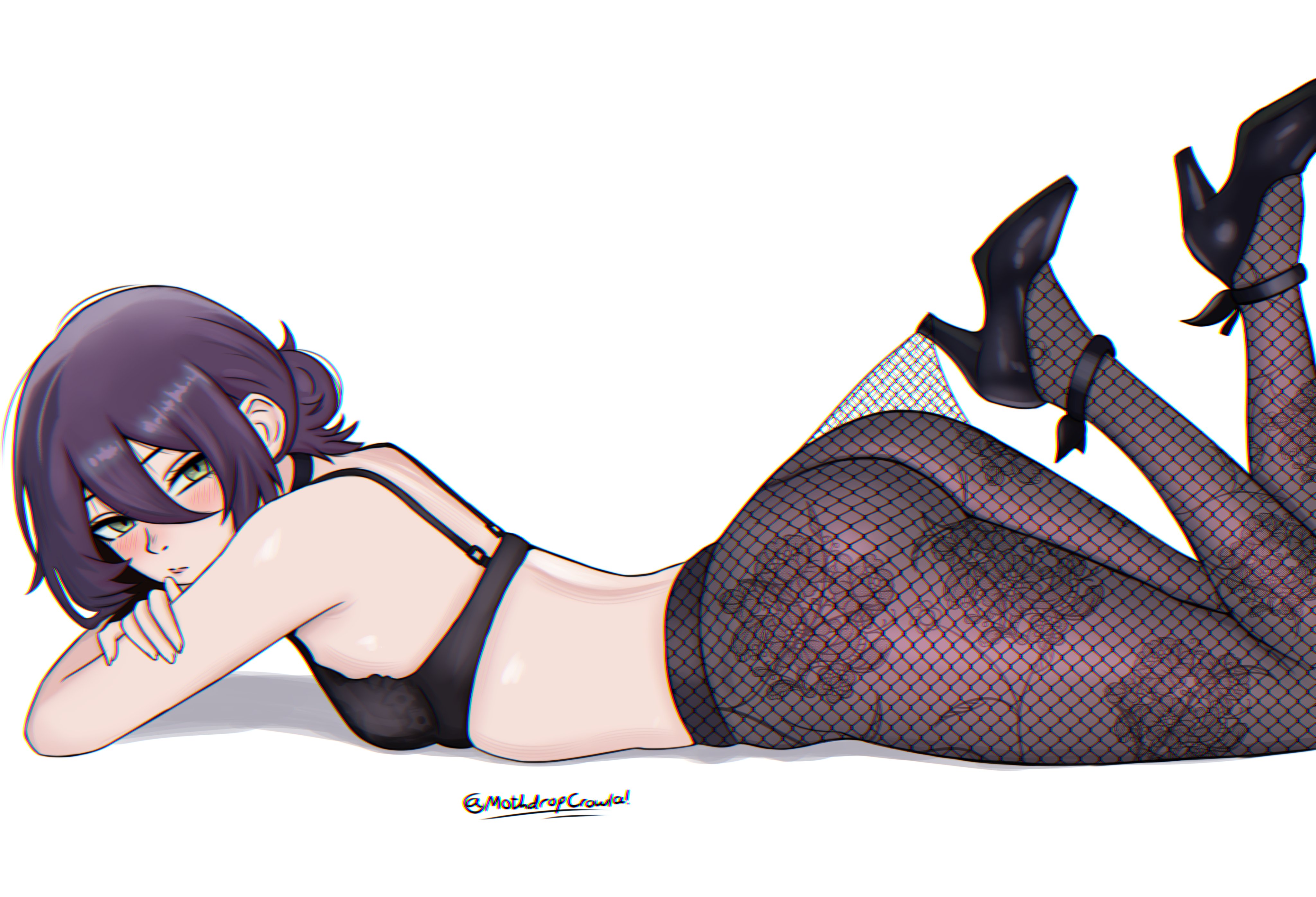 mothdropcrowla, reze (chainsaw man), chainsaw man, absurdres, highres, 1girl, ass, black bra, black choker, bra, breasts, choker, green eyes, hair between eyes, hair bun, high heels, lace pantyhose, lace pantyhose hooked on heel (meme), lying, meme, on stomach, purple hair, simple background, small breasts, solo, underwear, white background