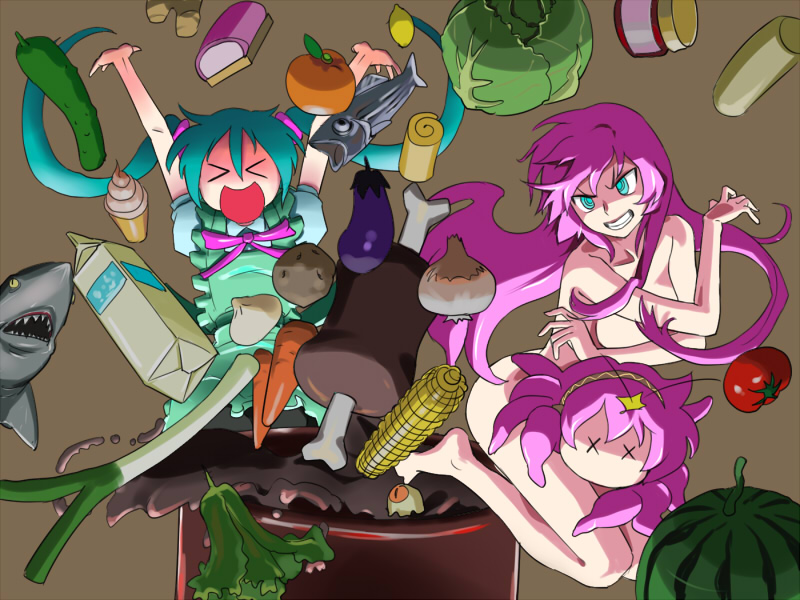 haya-g, ikusotsu, hatsune miku, megurine luka, takoluka, vocaloid, pot, > <, 2girls, :d, angry, apron, aqua eyes, aqua hair, arms up, bad food, barefoot, blue eyes, blush, boned meat, bottle, cabbage, closed eyes, cooking, corn, corn cob, crazy, crazy eyes, cucumber, eggplant, evil grin, evil smile, fish, food, fruit, grin, ice cream, jar, kamaboko, lemon, long hair, meat, milk, milk carton, multiple girls, nude, onion, open mouth, orange (fruit), pink hair, ribbon, salad, shark, smile, soft serve, soup, spring onion, steamed bun, tomato, twintails, watermelon, what, x x, xd