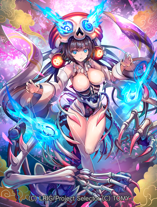 hokuyuu, wixoss, official art, 1girl, black hair, black leotard, blue eyes, breasts, claw pose, cleavage, closed mouth, copyright notice, gashaskull (wixoss), large breasts, leotard, looking at viewer, skeleton hands, solo