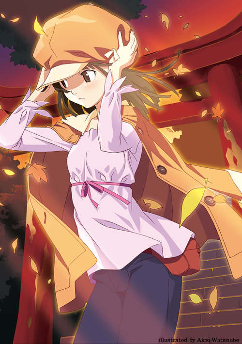 watanabe akio, sengoku nadeko, bakemonogatari, monogatari (series), cleaned, 00s, 1girl, autumn, brown eyes, brown hair, female focus, hat, jacket, jacket on shoulders, leaf, newsboy cap, open clothes, open jacket, outdoors, solo