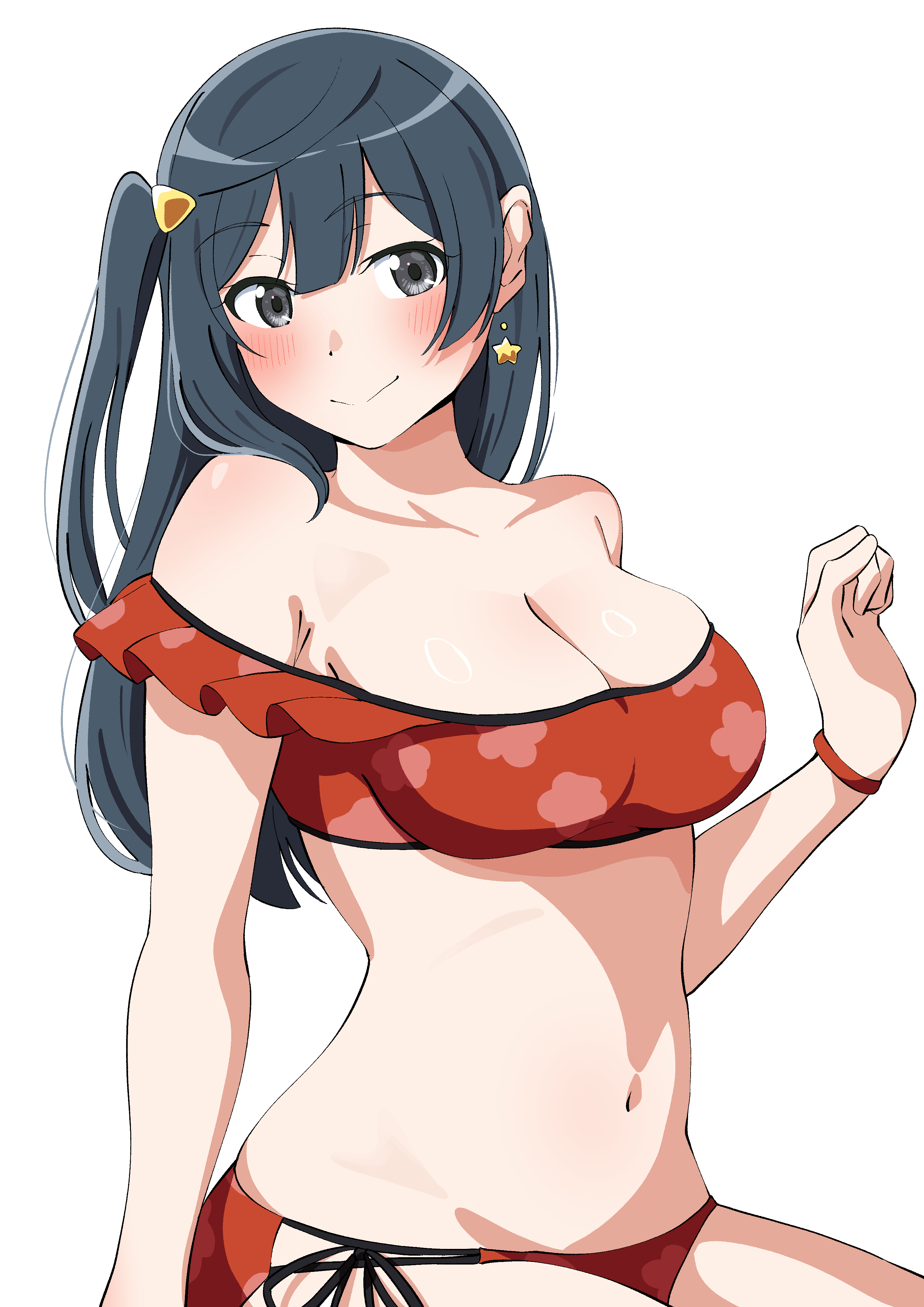 uchuu no mozuku, yuki setsuna, yuki setsuna (kujibikido swimsuit), love live!, love live! nijigasaki high school idol club, absurdres, commentary request, highres, 1girl, armpit crease, bare shoulders, bikini, black hair, breasts, cleavage, cowboy shot, earrings, hair ornament, jewelry, large breasts, long hair, navel, off-shoulder bikini, off shoulder, one side up, red bikini, side-tie bikini bottom, simple background, sitting, solo, star (symbol), star earrings, stomach, swimsuit, triangle hair ornament, white background