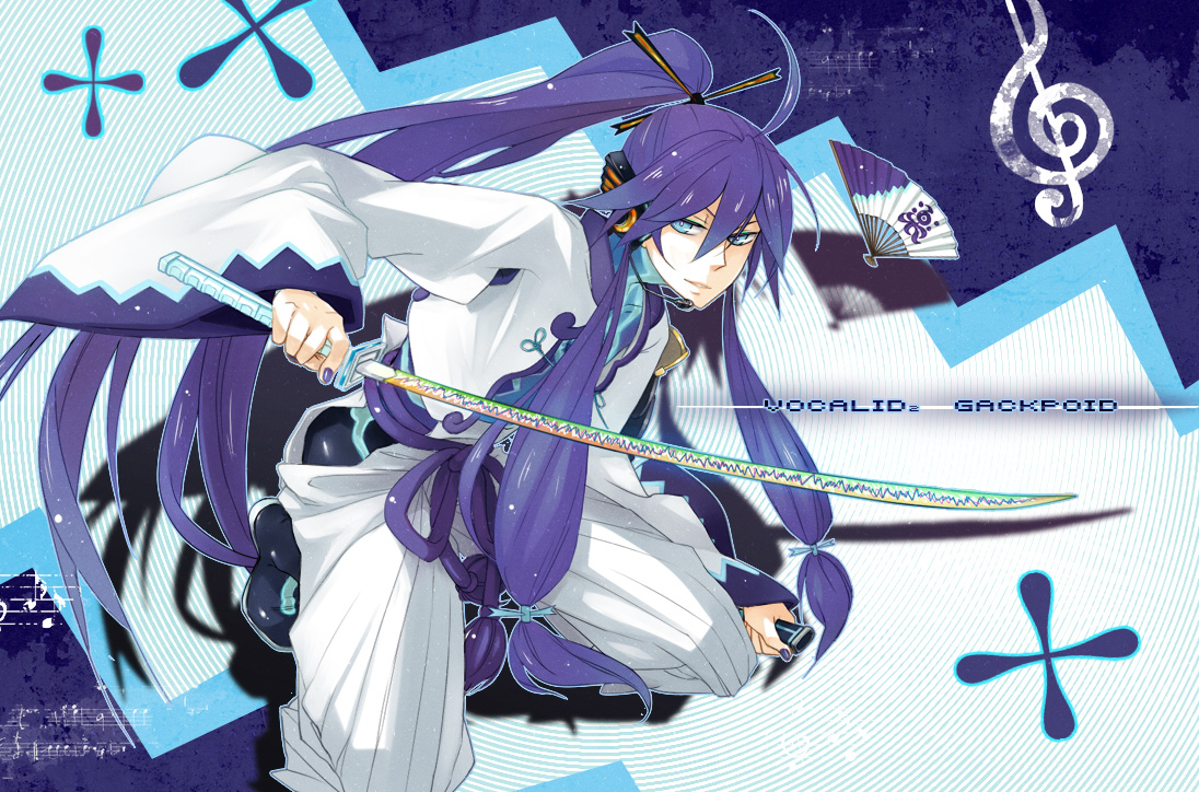 sunday31, kamui gakupo, vocaloid, 1boy, ahoge, blue eyes, hand fan, japanese clothes, long hair, male focus, musical note, ponytail, purple hair, solo, sword, weapon