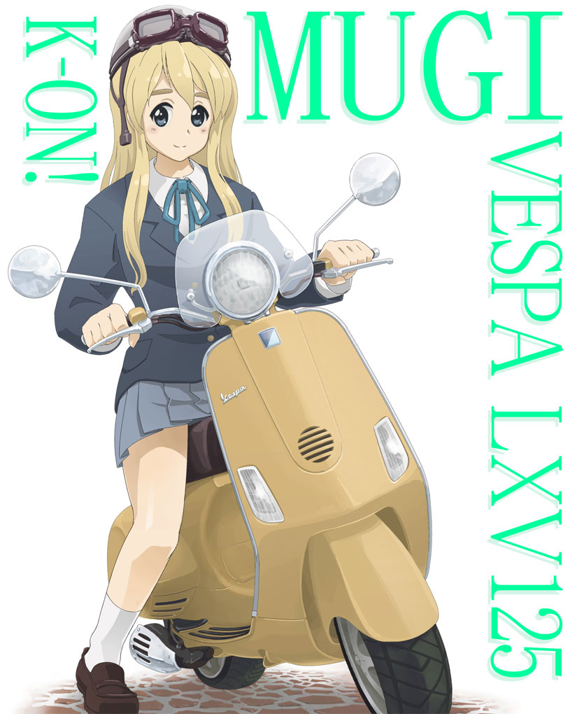rosegray, kotobuki tsumugi, k-on!, vespa, vehicle, bad id, bad pixiv id, 00s, 1girl, blonde hair, blue eyes, blush, brown shoes, character name, copyright name, female focus, full body, goggles, goggles on headwear, helmet, loafers, long hair, looking at viewer, motor vehicle, motorcycle, motorcycle helmet, pleated skirt, school uniform, scooter, shoes, simple background, skirt, socks, solo, vespa lxv125, white background