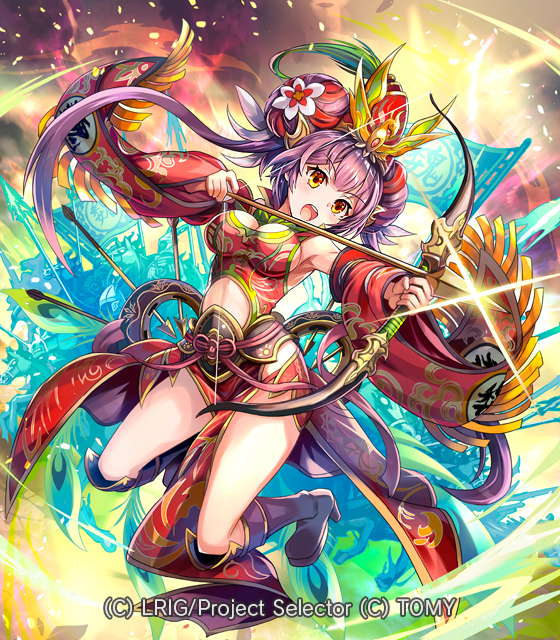 hokuyuu, wixoss, official art, 1girl, arrow (projectile), black boots, boots, bow (weapon), copyright notice, double bun, dress, gakushin (wixoss), hair bun, hat, high heel boots, high heels, holding, holding arrow, holding bow (weapon), holding weapon, long hair, looking at viewer, open mouth, purple hair, red dress, red eyes, red hat, teeth, twintails, upper teeth only, weapon