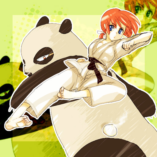 unicornlove, ranma-chan, saotome genma, saotome ranma, ranma 1/2, bad id, bad pixiv id, 1girl, barefoot, blue eyes, dougi, feet, genderswap, genderswap (mtf), kicking, panda, red hair, zoom layer