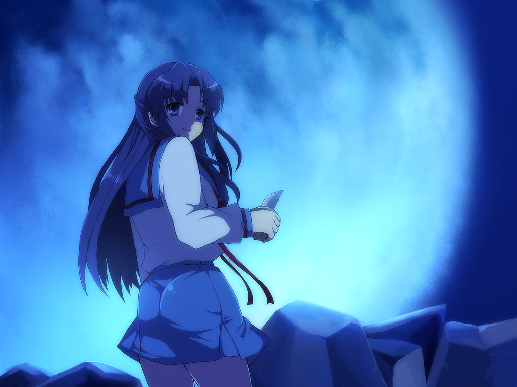 inui nagi, asakura ryoko, suzumiya haruhi no yuuutsu, 00s, 1girl, ass, blue eyes, blue hair, female focus, holding, holding knife, huge moon, knife, looking back, matching hair/eyes, moon, night, rock, school uniform, serafuku, solo
