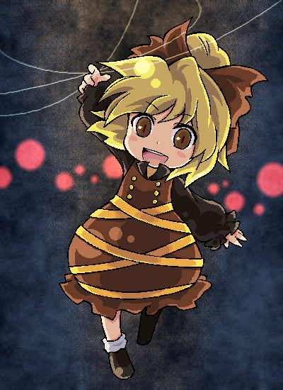 pote (ptkan), kurodani yamame, touhou, 1girl, blonde hair, bow, brown eyes, female focus, hair bow, pixel art, short hair, solo