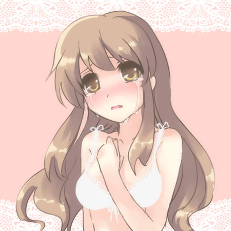 ateru, asahina mikuru, suzumiya haruhi no yuuutsu, bad id, bad pixiv id, lowres, 00s, 1girl, bare shoulders, bra, brown eyes, brown hair, female focus, lingerie, long hair, open mouth, solo, tears, underwear, upper body